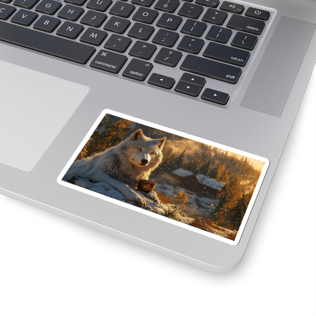 Wolf in Winter Cabin Sticker — Cozy Rustic Nature Kiss-Cut Sticker