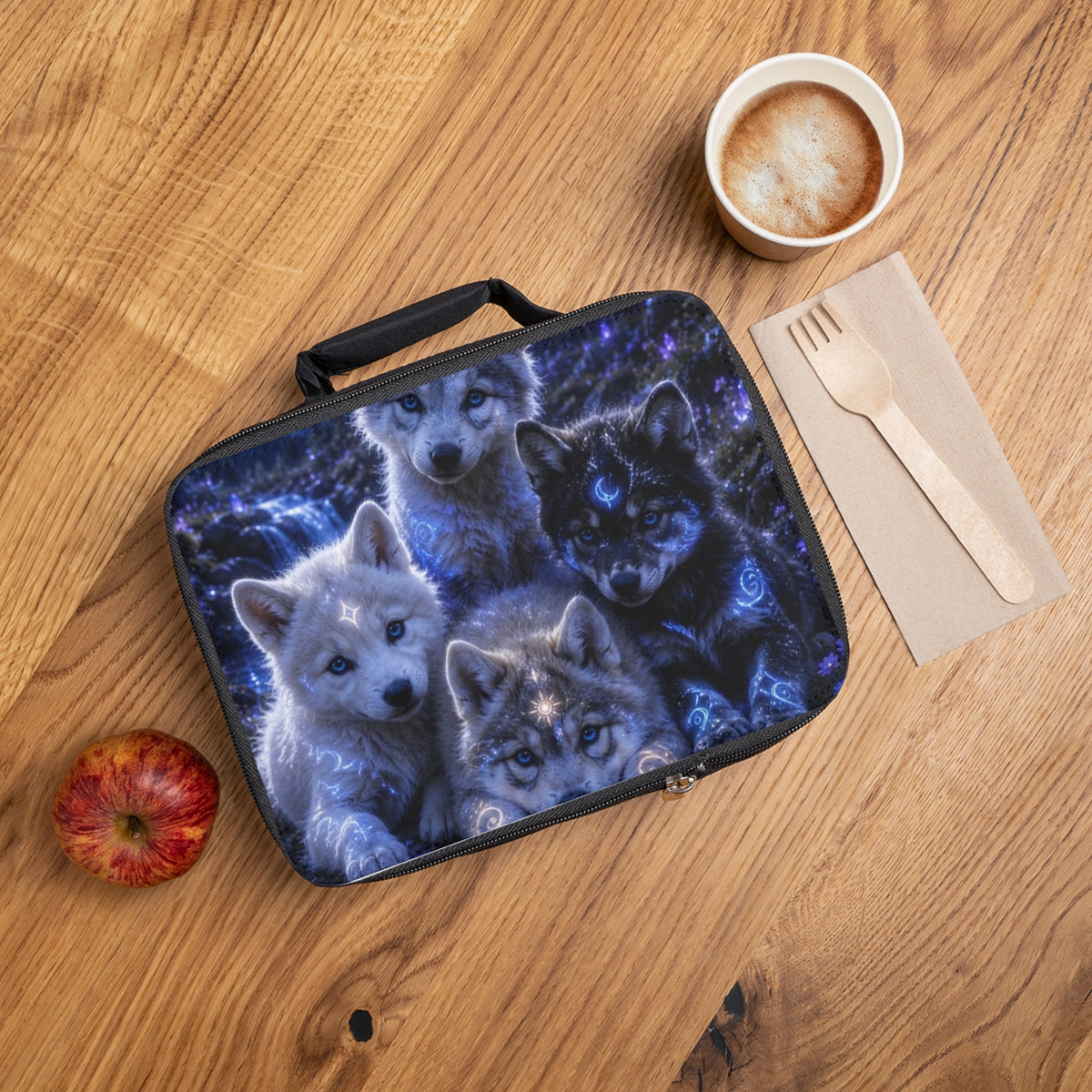 A zippered lunch bag with a printed design of four blue-eyed wolves under a starry night sky, styled on a wooden table with a coffee cup, a wooden spoon, a napkin, and an apple.