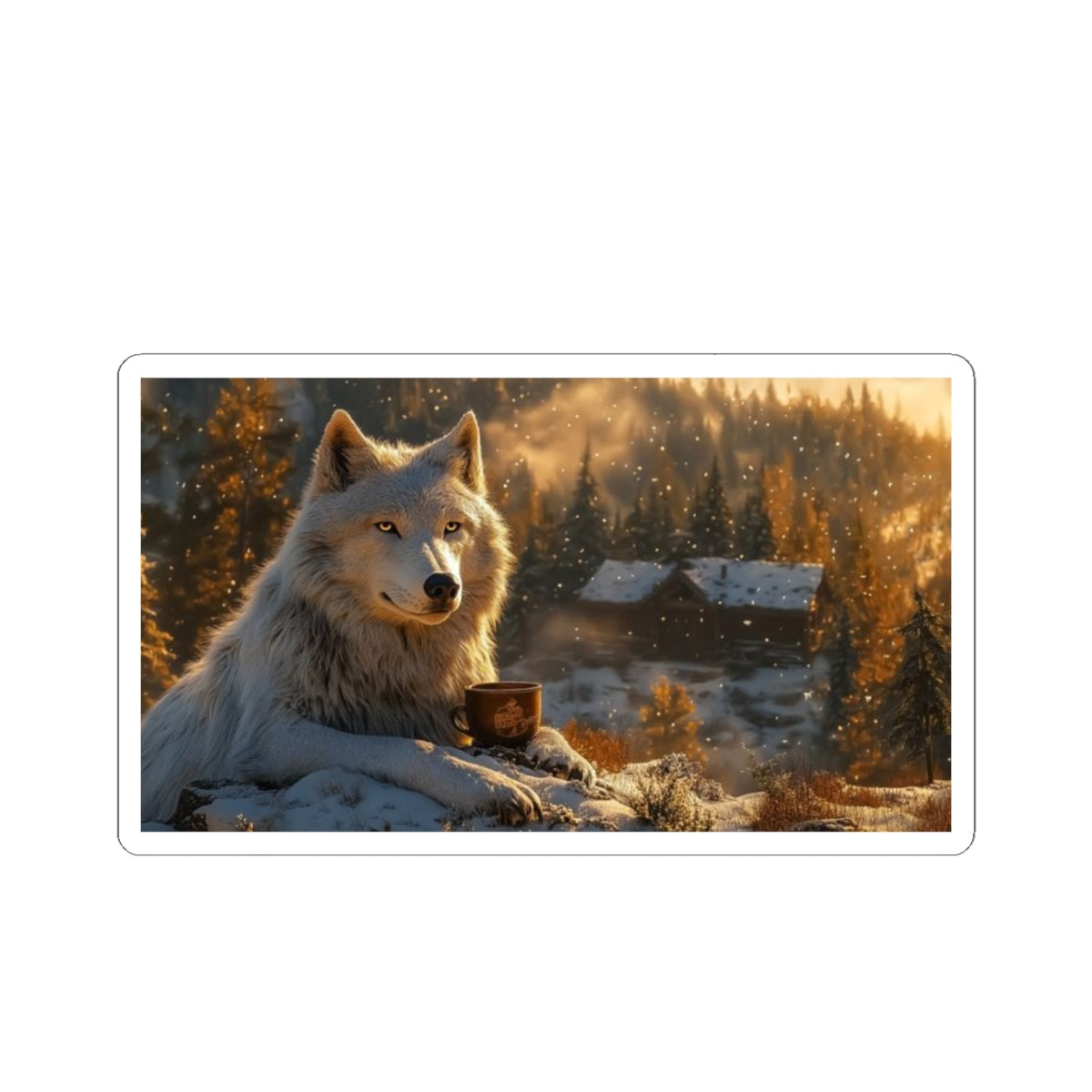 Wolf in Winter Cabin Sticker — Cozy Rustic Nature Kiss-Cut Sticker