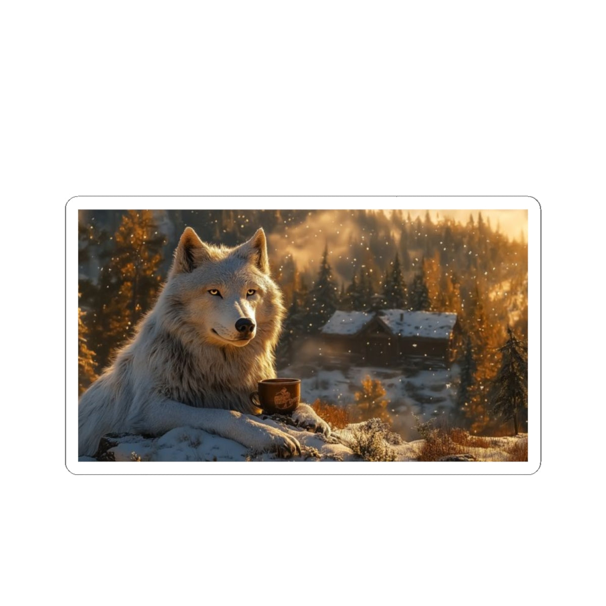 Wolf in Winter Cabin Sticker — Cozy Rustic Nature Kiss-Cut Sticker