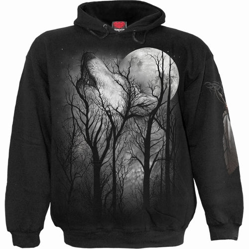 Black hoodie with a wolf howling at a moonlit forest design on a white background